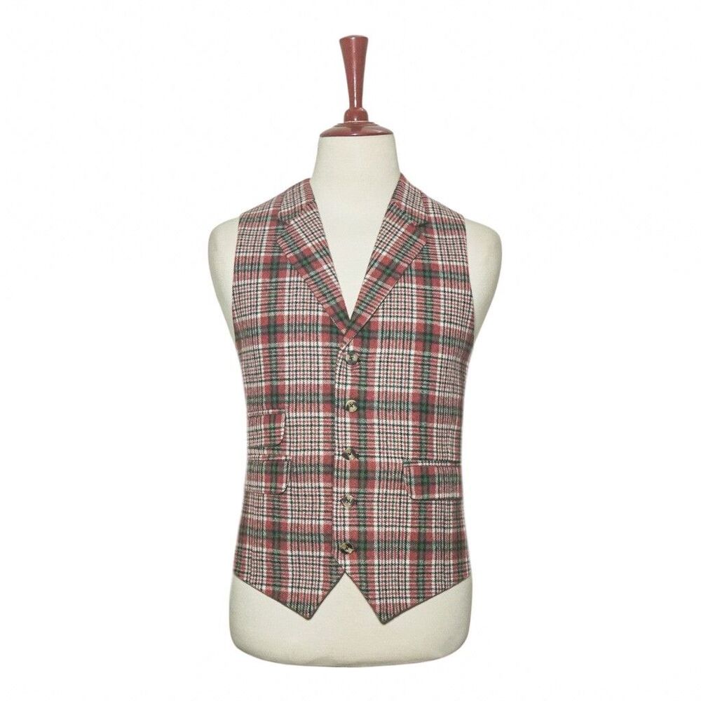 Mens 46R Wool Vest Red Green Cream Plaid Check Waistcoat Formal Casual Preppy